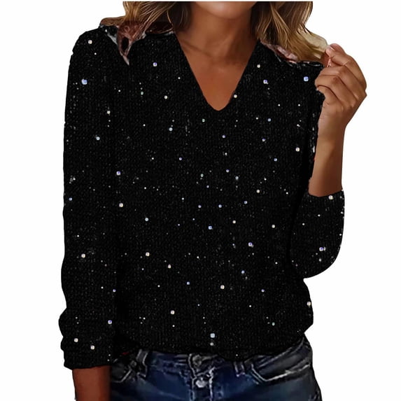 Enjoytime Tops for Women Solid Color V-Neck Long Sleeve Shirts Sequin Fashion Party Casual Trendy Blouses Black M