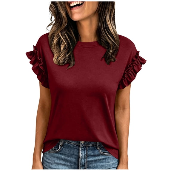 Enjoytime Tops for Women Trendy Crewneck Ruffle Short Sleeve Shirts Business Casual Work Plus Size Blouse