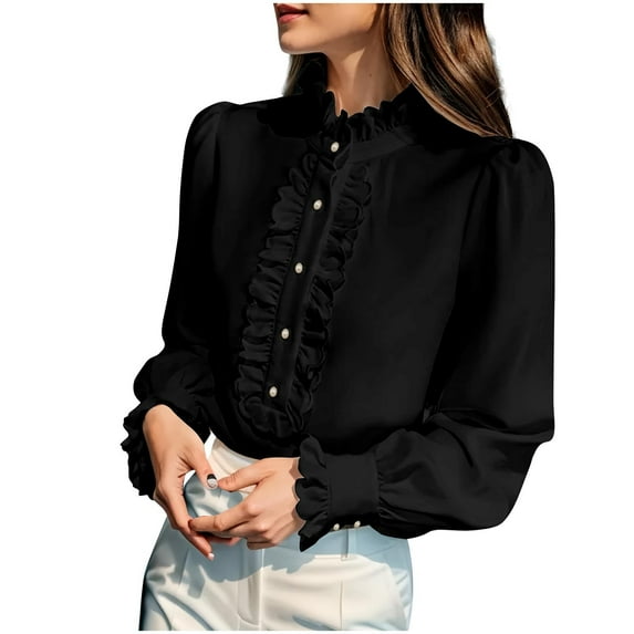 Enjoytime Tops for Women Trendy Fall Winter Solid Color Round Neck Shirts Business Casual Dressy Womens Button Down Blouse Black XL