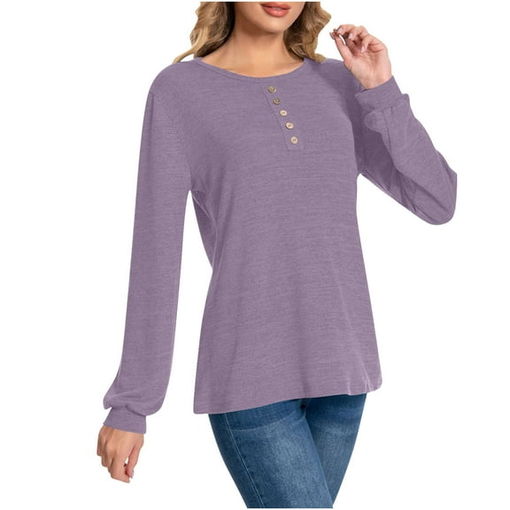 Enjoytime Tops for Women Trendy Round Neck Long Sleeve Button Down Blouses Solid Color Fashion Business Casual Work Shirts Purple S