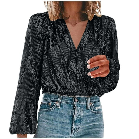 Enjoytime Tops for Women Trendy Sequined V-Neck Long Sleeve Blouse Spring Dressy Party Casual Shirts Black S