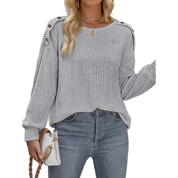 Enjoytime Tops for Women Trendy Solid Color Crew Neck Long Sleeve Blouses Fashion Casual Business Work Shirts Gray S