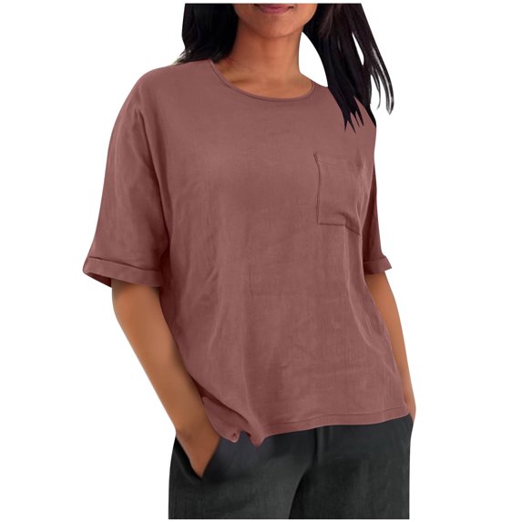 Enjoytime Tops for Women Trendy Solid Color Crewneck Short Sleeve Shirt Spring Summer Casual Plus Size Blouse with Pocket Watermelon Red L