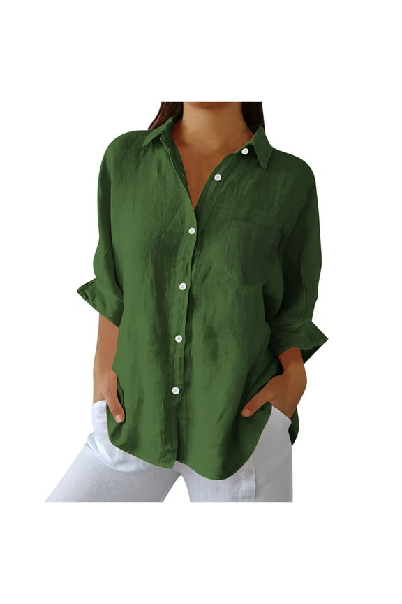 Tops for Women Trendy Solid Color Linen Long Sleeve Blouses Business Casual Dressy Button Down Shirts Army Green M