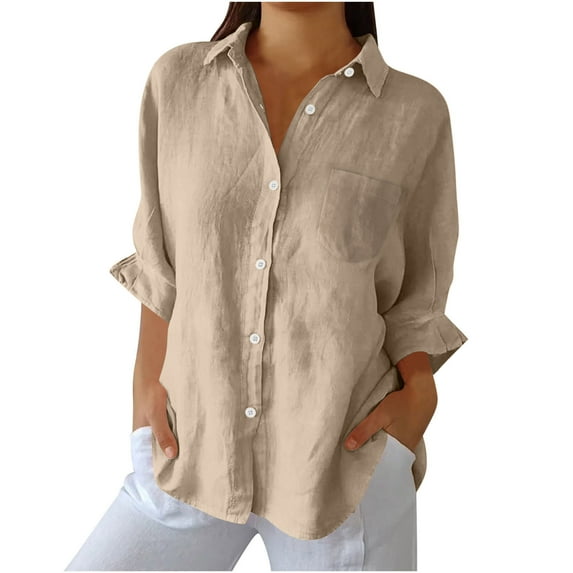 Enjoytime Tops for Women Trendy Solid Color Linen Long Sleeve Blouses Business Casual Dressy Button Down Shirts Khaki XL