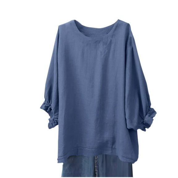 Enjoytime Tops for Women Trendy Solid Color Round Neck Lantern 3/4 Sleeve Blouses Comfy Loose Casual Plus Size Shirts Blue L