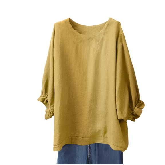 Enjoytime Tops for Women Trendy Solid Color Round Neck Lantern 3/4 Sleeve Blouses Comfy Loose Casual Plus Size Shirts Yellow XL