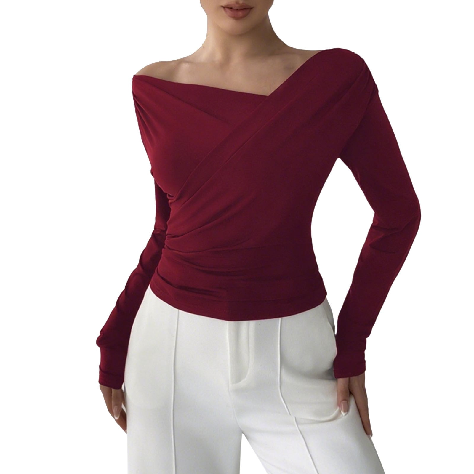 Slanted Fall Enjoytime Tops for Women Trendy Solid Color Slanted Shoulder Collar ...