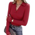 thumbnail image 1 of Enjoytime Tops for Women Trendy Solid Color V-Neck Long Sleeve Shirts with Thumb Holes Casual Fashion Basic Blouses Red S, 1 of 4