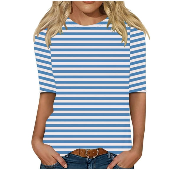 Enjoytime Tops for Women Trendy Striped Crew Neck Half Sleeve Shirts Casual Blouses Business Work Plus Size Blouse
