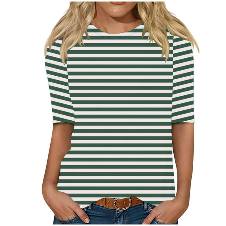 Enjoytime Tops for Women Trendy Striped Crew Neck Half Sleeve