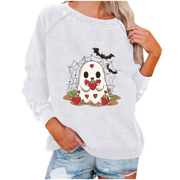 Enjoytime Tops for Women Trendy Winter Cute Printed Round Neck Shirts Halloween Casual Fall Long Sleeve Pullover Blouses White M