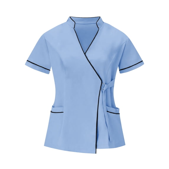 Enjoytime Tops for Women V-Neck Breathable Nurses Tunic Clinic Carer Protective Soft Uniform Plus Size Blouses with Pockets Light Blue XL