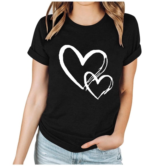 Enjoytime Tops for Women Valentine's Lover Heart Graphic Round Neck Short Sleeve Shirts Trendy Fashion Blouses Plus Size Clothes Black L