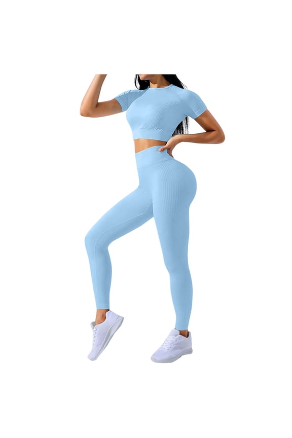 Track Suits for Women Set Solid Color Croped Short Sleeve Tops High Waisted Leggings Stretchy Yoga 2 Piece Outfits Fashion Casual Sweatsuit