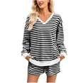 thumbnail image 1 of Enjoytime Travel Outfits for Women Striped Print V-Neck Long Sleeve Blouse Elastic Waist Shorts Two Piece Set Fashion Casual Loose Loungewear Black XL, 1 of 8