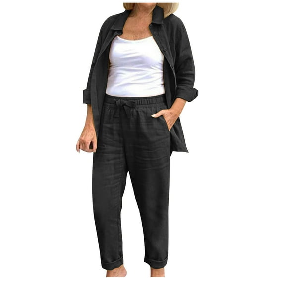 Enjoytime Travel Outfits for Women Solid Color Round Neck Button Down Shirt and Loose Pants Lounge Sets Plus Size Outfits for Women