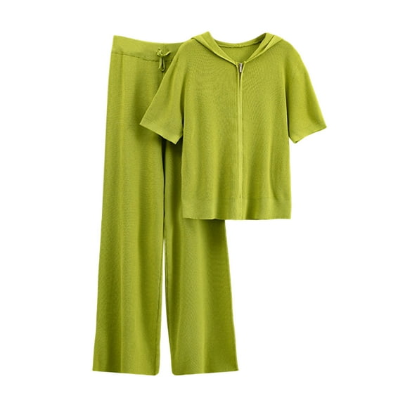 Enjoytime Travel Outfits for Women 2 Piece Sets Solid Color V-Neck Short Sleeve Blouses Wide Leg Pants Matching Set Vacation Travel Loungewear