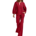 thumbnail image 1 of Enjoytime Travel Outfits for Women Casual Lounge Plus Size 2 Piece Sets V Neck Long Puff Sleeves Tops Straight Leg Pants Matching Set, 1 of 6
