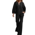 thumbnail image 1 of Enjoytime Travel Outfits for Women Casual Lounge Plus Size 2 Piece Sets V Neck Long Puff Sleeves Tops Straight Leg Pants Matching Set, 1 of 6