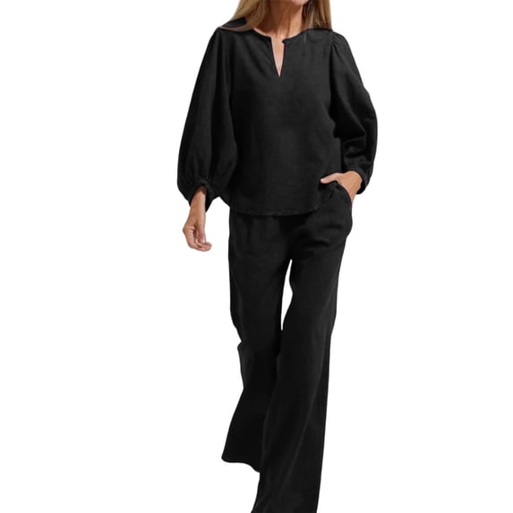 Enjoytime Travel Outfits for Women Casual Lounge Plus Size 2 Piece Sets V Neck Long Puff Sleeves Tops Straight Leg Pants Matching Set