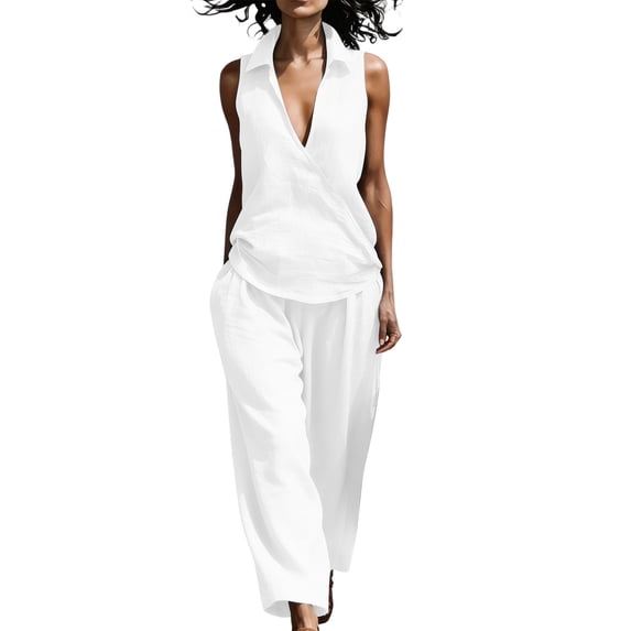 Enjoytime Travel Outfits for Women Collared V-Neck Sleeveless Beach Vacation 2 Piece Sets Wide Leg Pants Matching Set