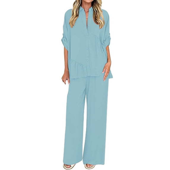 Enjoytime Travel Outfits for Women Solid Color 3/4 Sleeve Blouses Wide Leg Pants Loungewear Casual Loose Vacation Two Piece Set Blue XXL