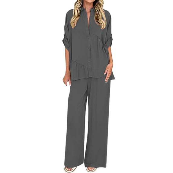 Enjoytime Travel Outfits for Women Solid Color 3/4 Sleeve Blouses Wide Leg Pants Loungewear Casual Loose Vacation Two Piece Set Dark Gray S