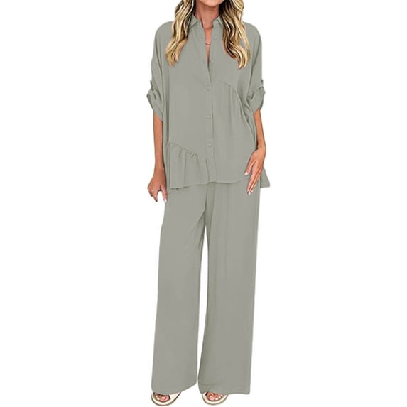 Enjoytime Travel Outfits for Women Solid Color 3/4 Sleeve Blouses Wide Leg Pants Loungewear Casual Loose Vacation Two Piece Set Gray M