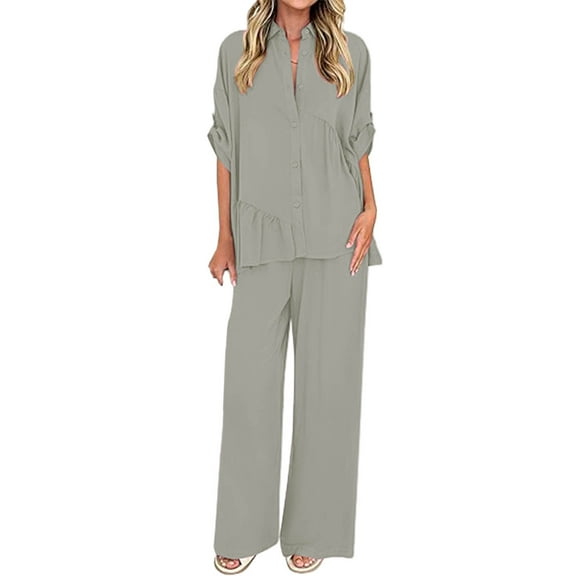 Enjoytime Travel Outfits for Women Solid Color 3/4 Sleeve Blouses Wide Leg Pants Loungewear Casual Loose Vacation Two Piece Set Gray XXL