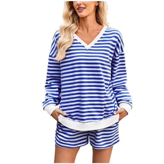 Enjoytime Travel Outfits for Women Striped Print V-Neck Long Sleeve Blouse Elastic Waist Shorts Two Piece Set Fashion Casual Loose Loungewear Blue M