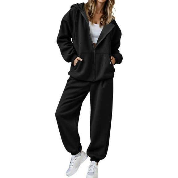 Enjoytime Travel Set Womens Clothing Solid Color Long Sleeve Zip Up Hoodie Straight Leg Pants Lounge Wear Loose Casual Two Piece Outfits for Women Black XL