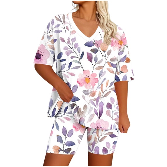 Enjoytime Travel Sets for Women 2 Piece Print Short Sleeve Tops with Shorts Lounge Sets Summer Casual Plus Size Set