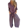 thumbnail image 1 of Enjoytime Travel Sets for Women 2 Piece Solid Color Long Sleeve Button Down Shirt Wide Leg Pants Loungewear Casual Dressy Plus Size Outfits Purple S, 1 of 7