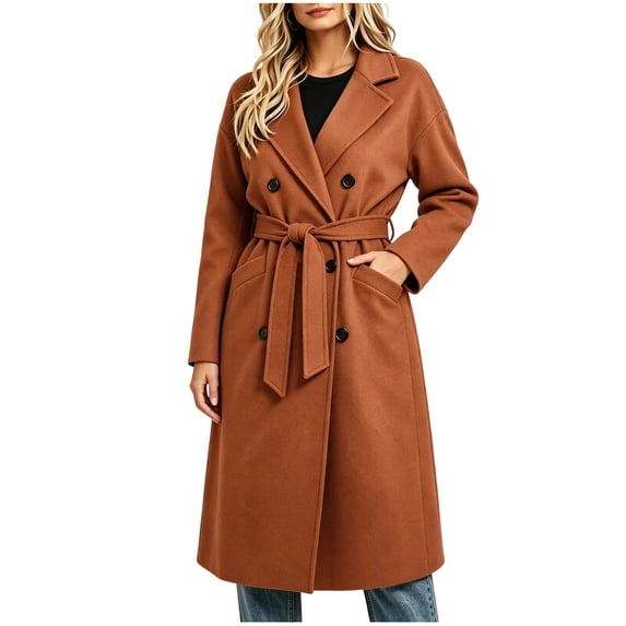 Enjoytime Trench Coat Women Lapel Double Breasted Long Overcoat with Belt Long Sleeve Trendy Casual Fashion Fall Winter Outerwear
