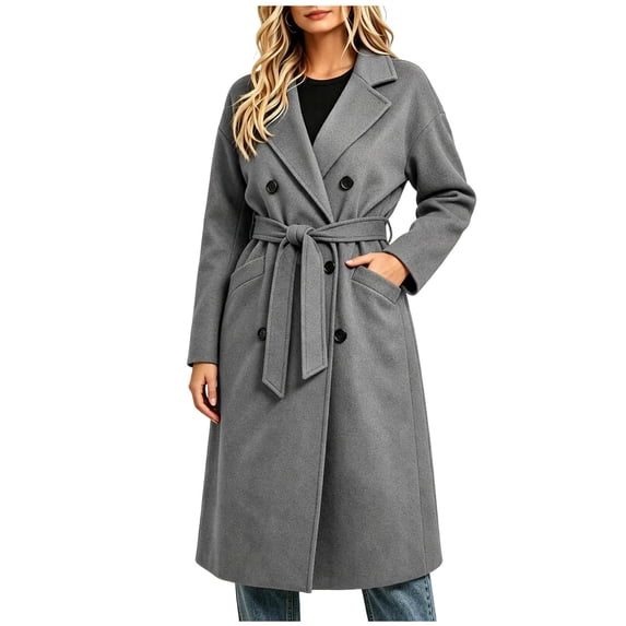 Enjoytime Trench Coat Women Lapel Double Breasted Long Overcoat with Belt Long Sleeve Trendy Casual Fashion Fall Winter Outerwear