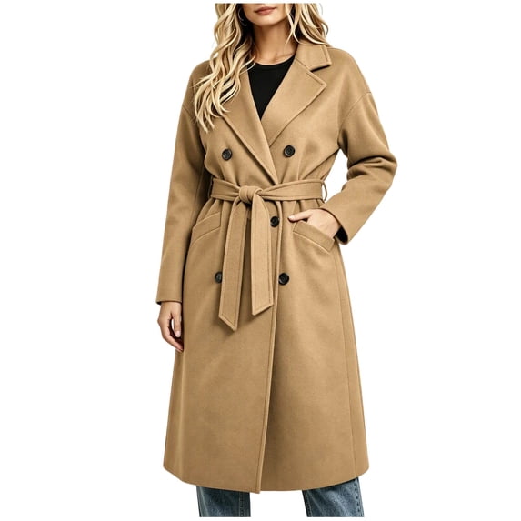 Enjoytime Trench Coat Women Lapel Double Breasted Long Overcoat with Belt Long Sleeve Trendy Casual Fashion Fall Winter Outerwear
