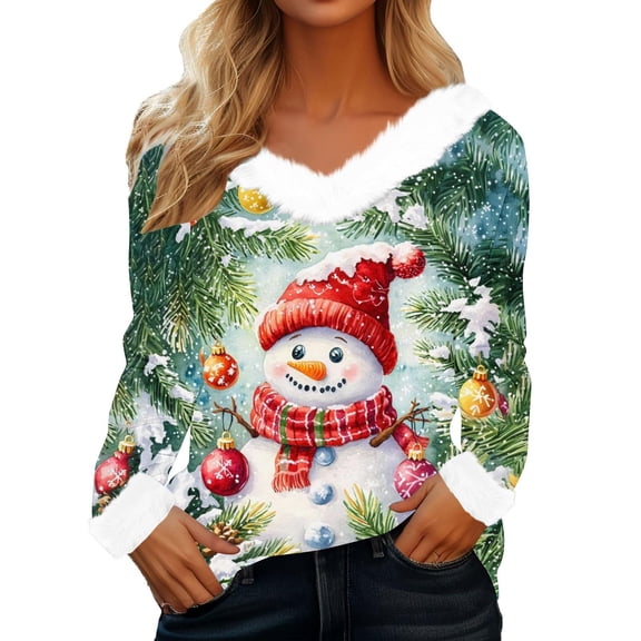 Enjoytime Trendy Tops for Women 2025 Christmas Cute Printed V-Neck Long Sleeve Blouse Merry Xmas Holiday Patchwork Shirts