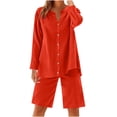 thumbnail image 1 of Enjoytime Two Piece Outfits for Women Long Sleeve Button Down Blouse Drawstring Shorts Plus Size Summer Outfit Red A XXL, 1 of 8