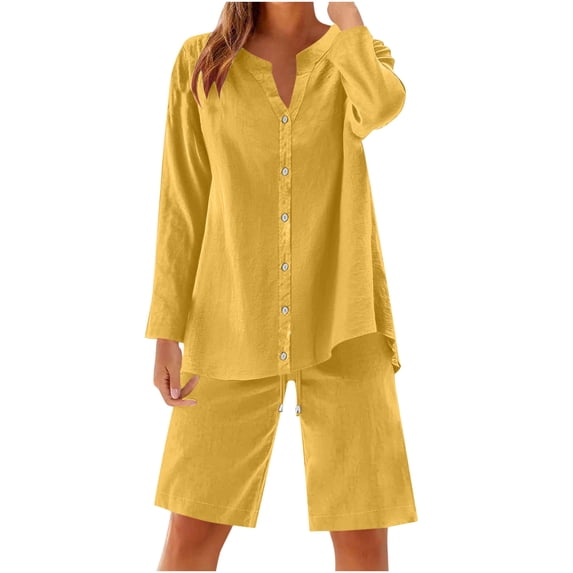 Enjoytime Two Piece Outfits for Women Long Sleeve Button Down Blouse Drawstring Shorts Plus Size Summer Outfit Yellow XL