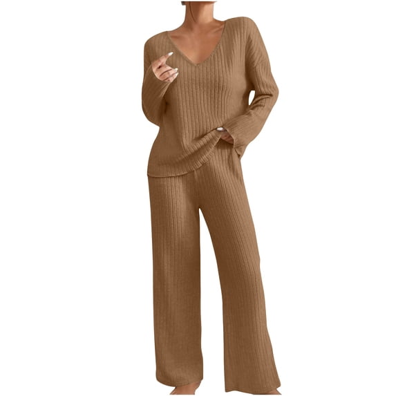 Enjoytime Two Piece Outfits for Women Solid Color Round Neck Long Sleeve Tops Casual Pants Knitted Loungewear Fall Winter Comfy Casual Matching Set