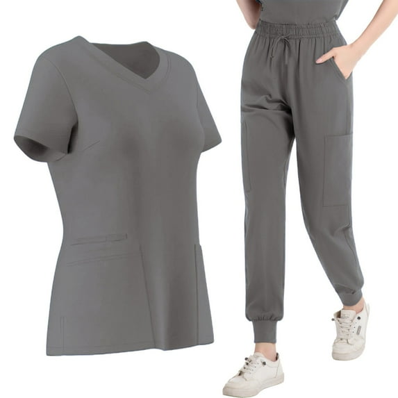 Enjoytime Two Piece Outfits for Women Solid Color V-Neck Tops Drawstring Jogger Pants Matching Sets Athletic Stretch Nursing Workwear