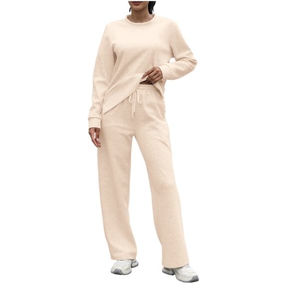 Enjoytime Two Piece Outfits for Women Trendy Crewneck Long Sleeve Sweatshirt Baggy Sweatpants Matching Set Solid Color Casual Fall Winter Sweat Suit