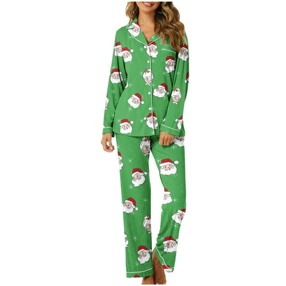 Enjoytime Two Piece Sets for Women Christmas Printed Long Sleeve Tops Pants Sleepwear Casual Soft Button Down Pajama Set Plus Size Fashion Loungewear