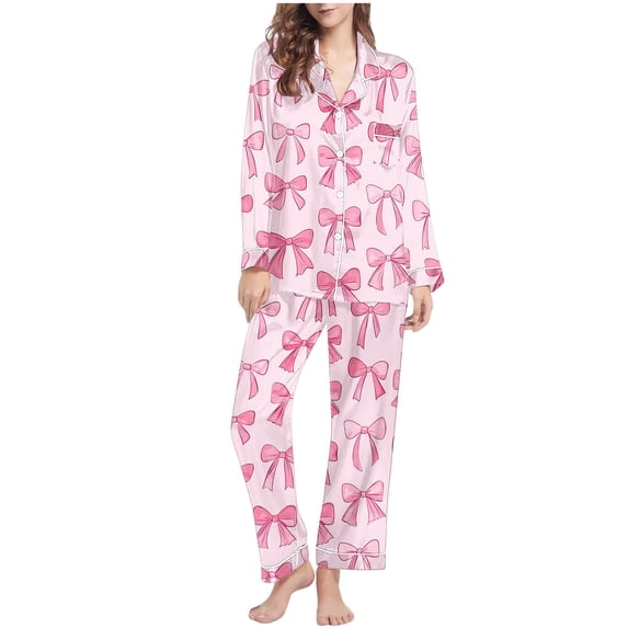 Enjoytime Two Piece Sets for Women Fall Winter Cute Printed Button Down Blouse Pants Loungewear Comfy Long Sleeve Sleepwear Soft Cozy Pajamas