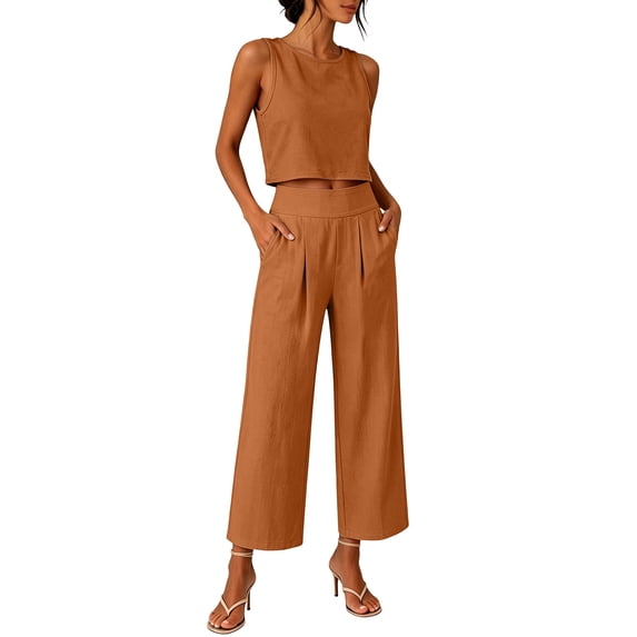 Enjoytime Two Piece Sets for Women Round Neck Tank Tops with Pants Matching Set Travel Casual Work Summer Plus Size Outfits