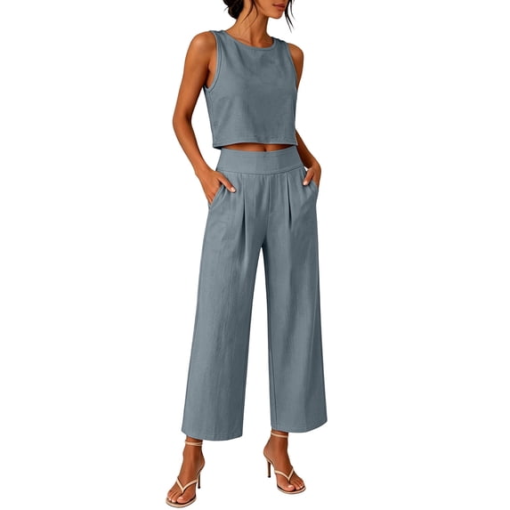 Enjoytime Two Piece Sets for Women Round Neck Tank Tops with Pants Matching Set Travel Casual Work Summer Plus Size Outfits