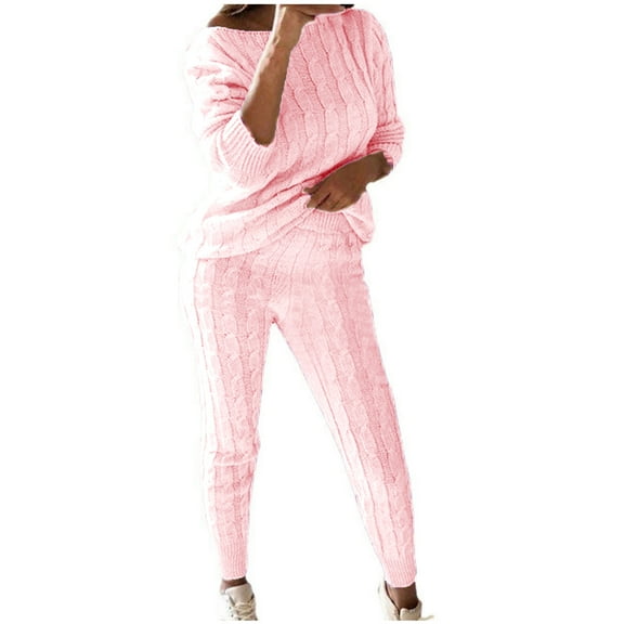 Enjoytime Two Piece Sets for Women Solid Color Off Shoulder Long Sleeve Tops Long Pants Outfits Plus Size Fashion Casual Warm Knitted Loungewear
