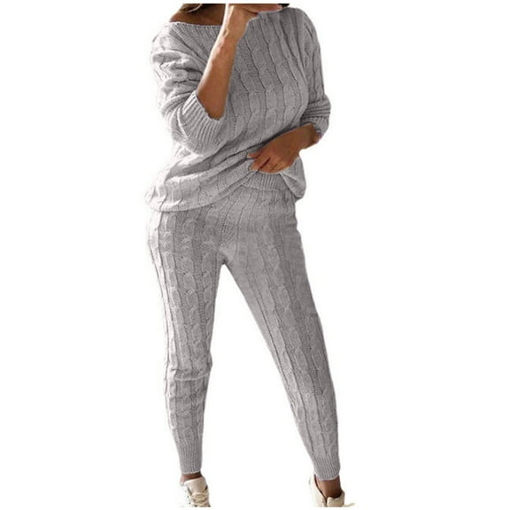 Enjoytime Two Piece Sets for Women Solid Color Off Shoulder Long Sleeve Tops Long Pants Outfits Plus Size Fashion Casual Warm Knitted Loungewear