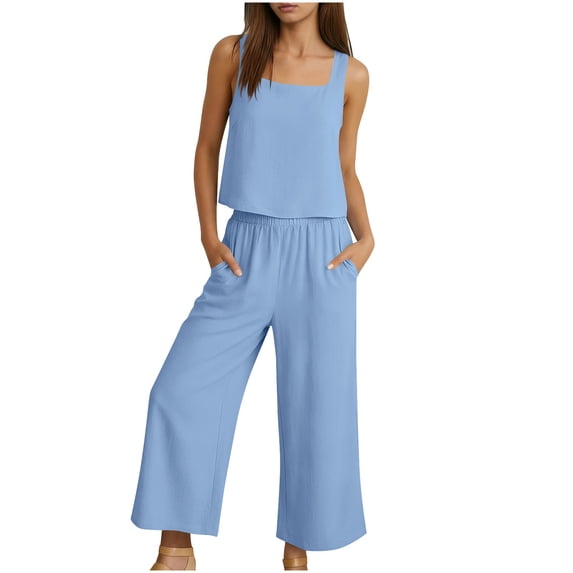Enjoytime Two Piece Sets for Women Solid Color Square Neck Tank Tops with Wide Leg Pants Outfits Summer Travel Casual Loungewear